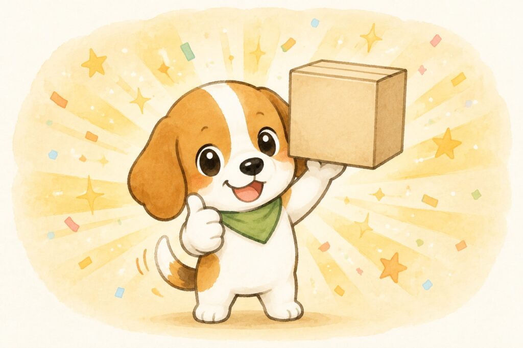 確認を終えた商品を持って合図するロイくん