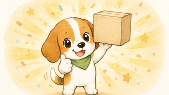 確認を終えた商品を持って合図するロイくん