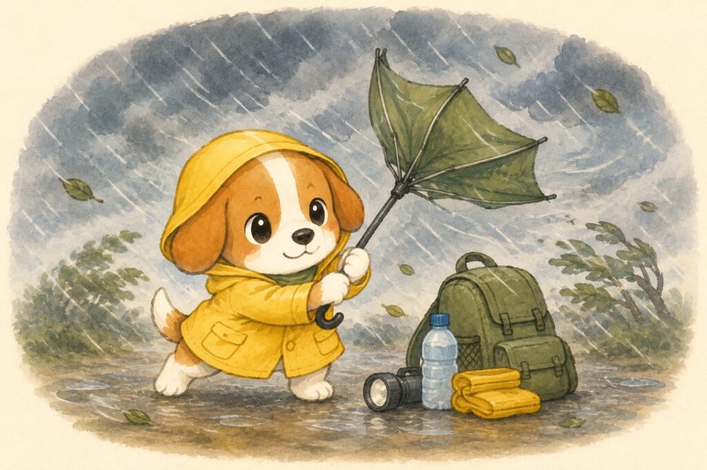 強い雨風に備える用品を確認するロイくん