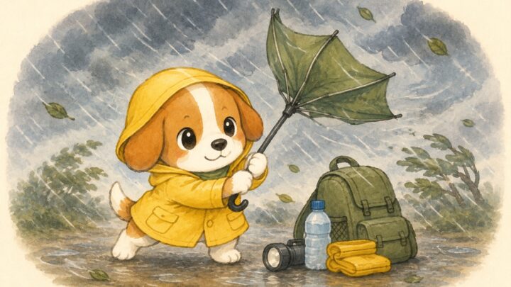 強い雨風に備える用品を確認するロイくん